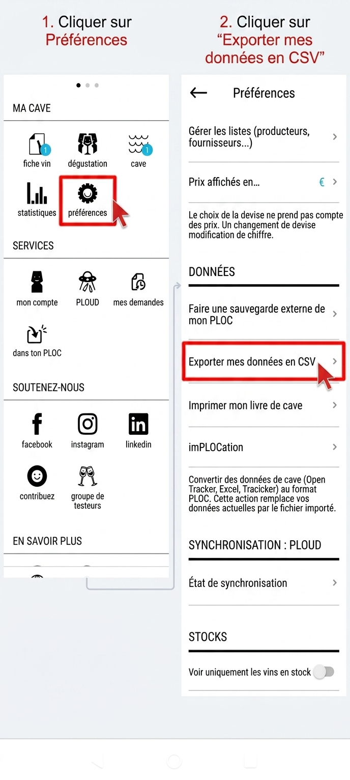 Exemple d’export CSV de cave dans PLOC