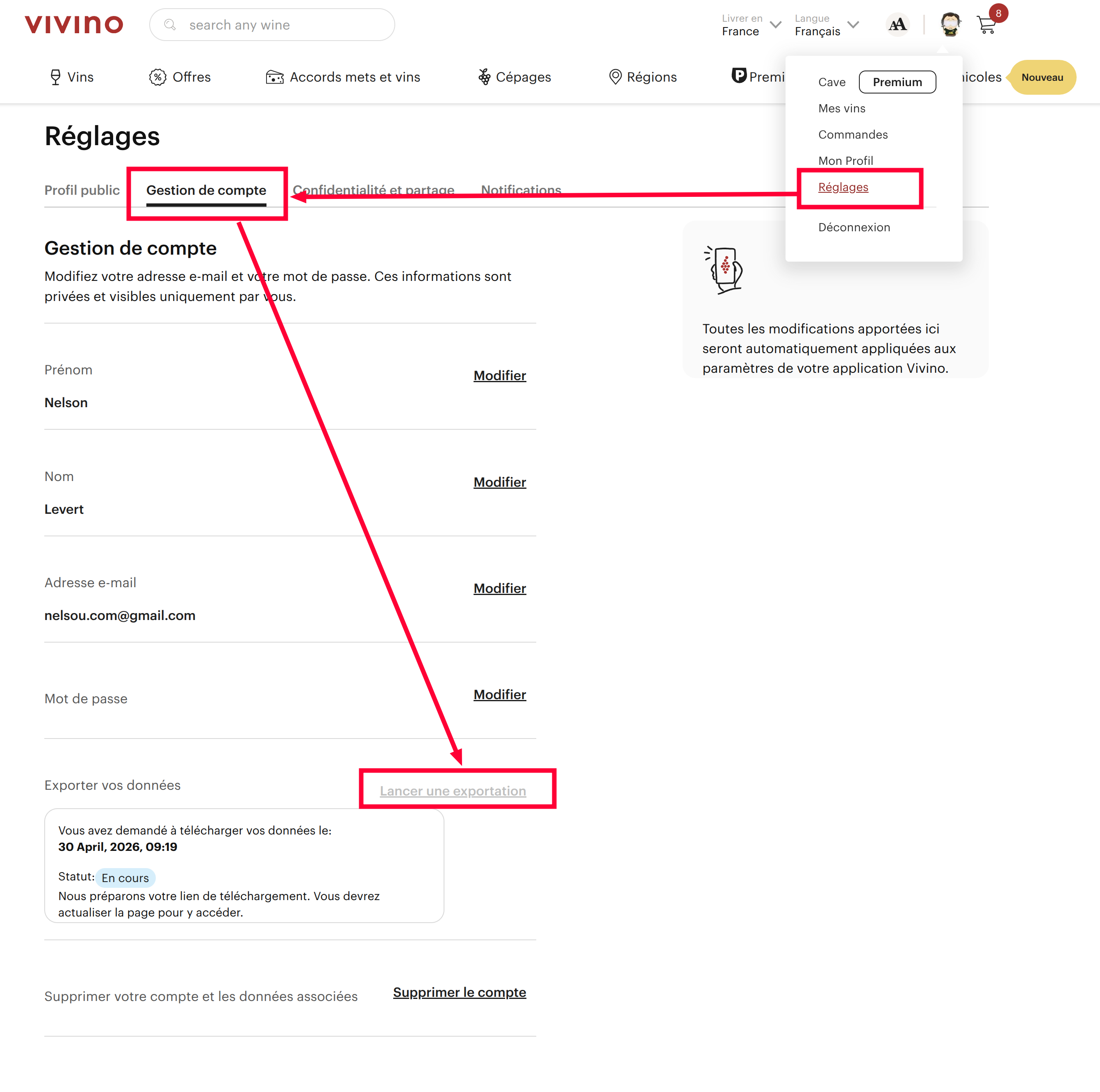 Exemple d’export CSV de cave dans Vivino